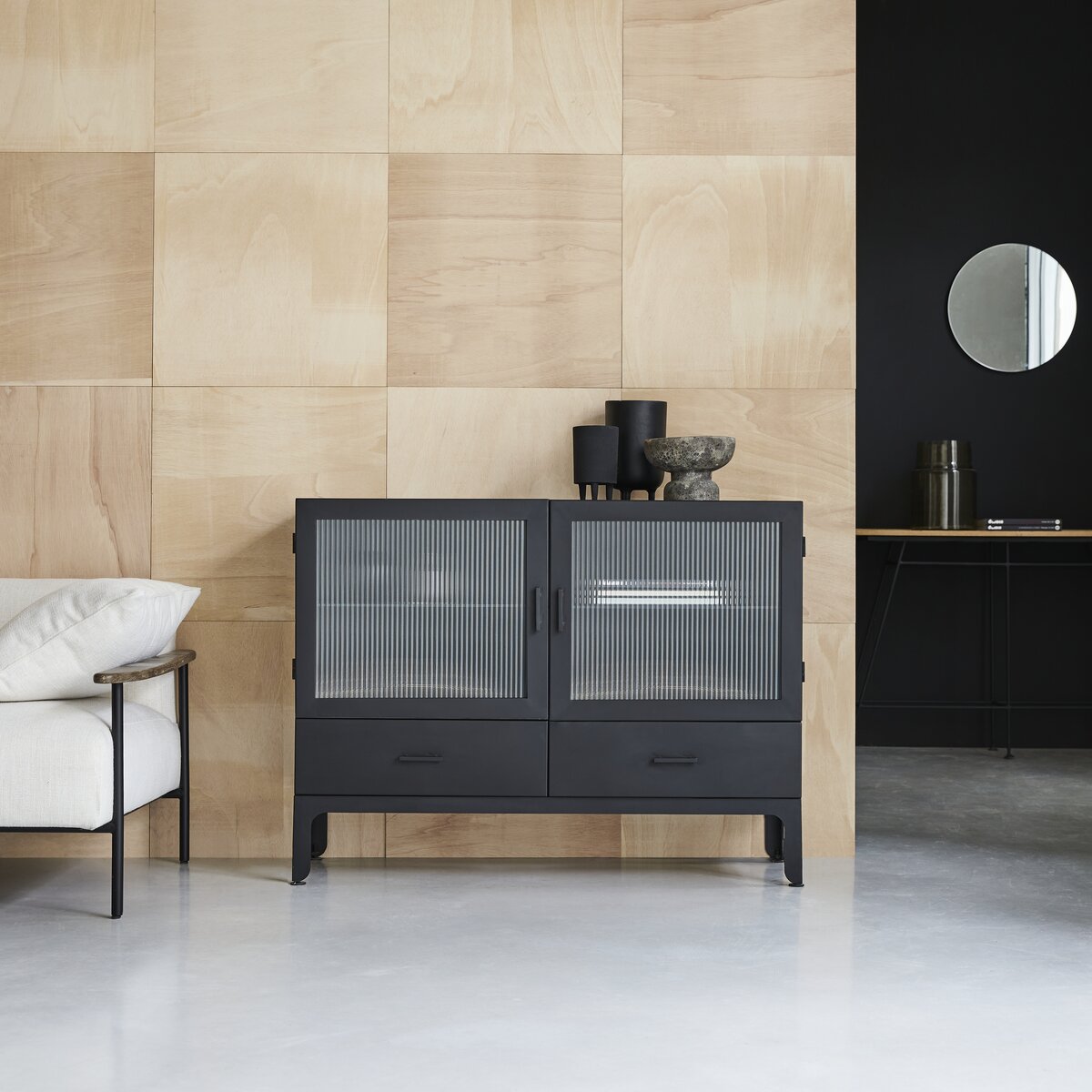 Credenza da cucina con 2 ante a vetro, Vetrinetta stile industrial