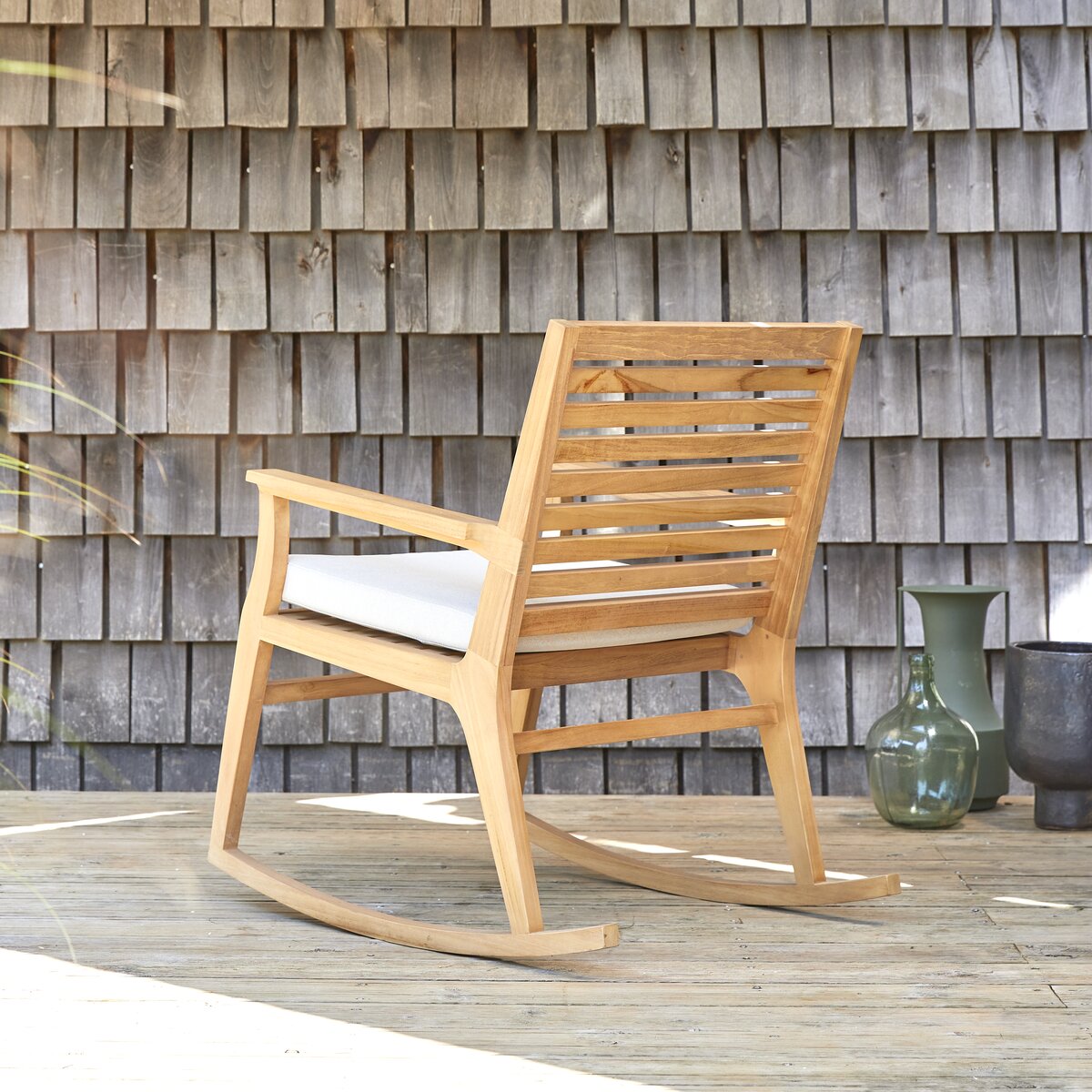 Sedia a Dondolo con Cuscino Antracite in Legno di Teak