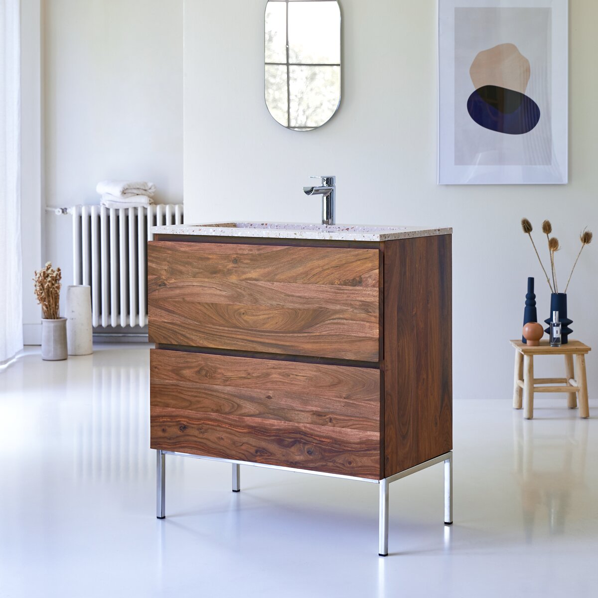 Nova - Meuble Salle de Bain en palissandre massif et terrazzo premium Pink 80 Nova - Meuble Salle de Bain en palissandre massif et terrazzo premium Pink 80