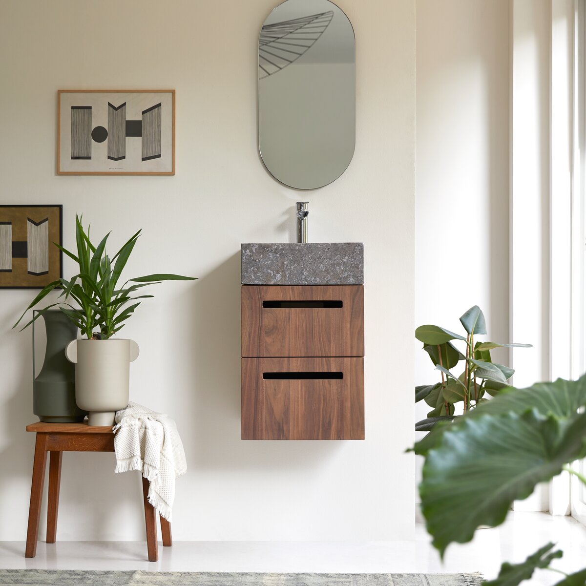 Line - Meuble salle de bain en noyer massif et marbre 40 cm Line - Meuble salle de bain en noyer massif et marbre 40 cm