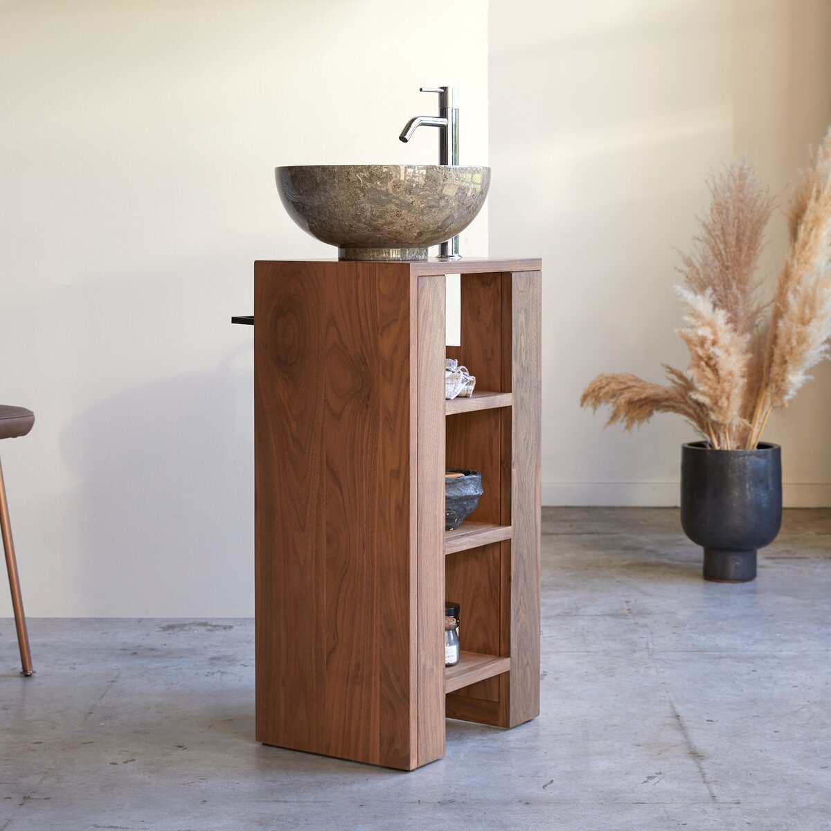 Stelle - Waschtisch-Unterschrank aus massivem Nussbaumholz links Stelle - Waschtisch-Unterschrank aus massivem Nussbaumholz links