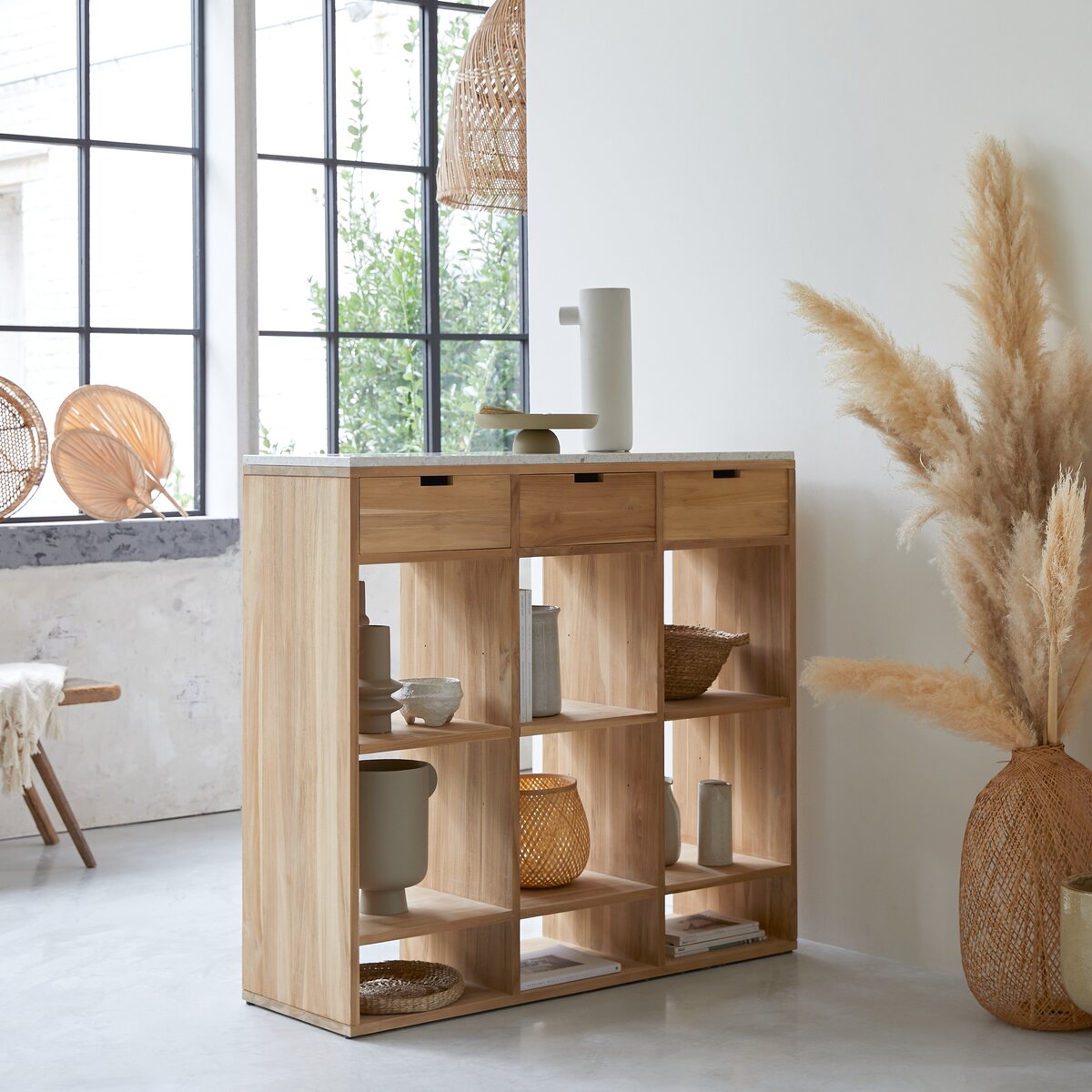 Miho - White solid teak and premium terrazzo console table Miho - White solid teak and premium terrazzo console table