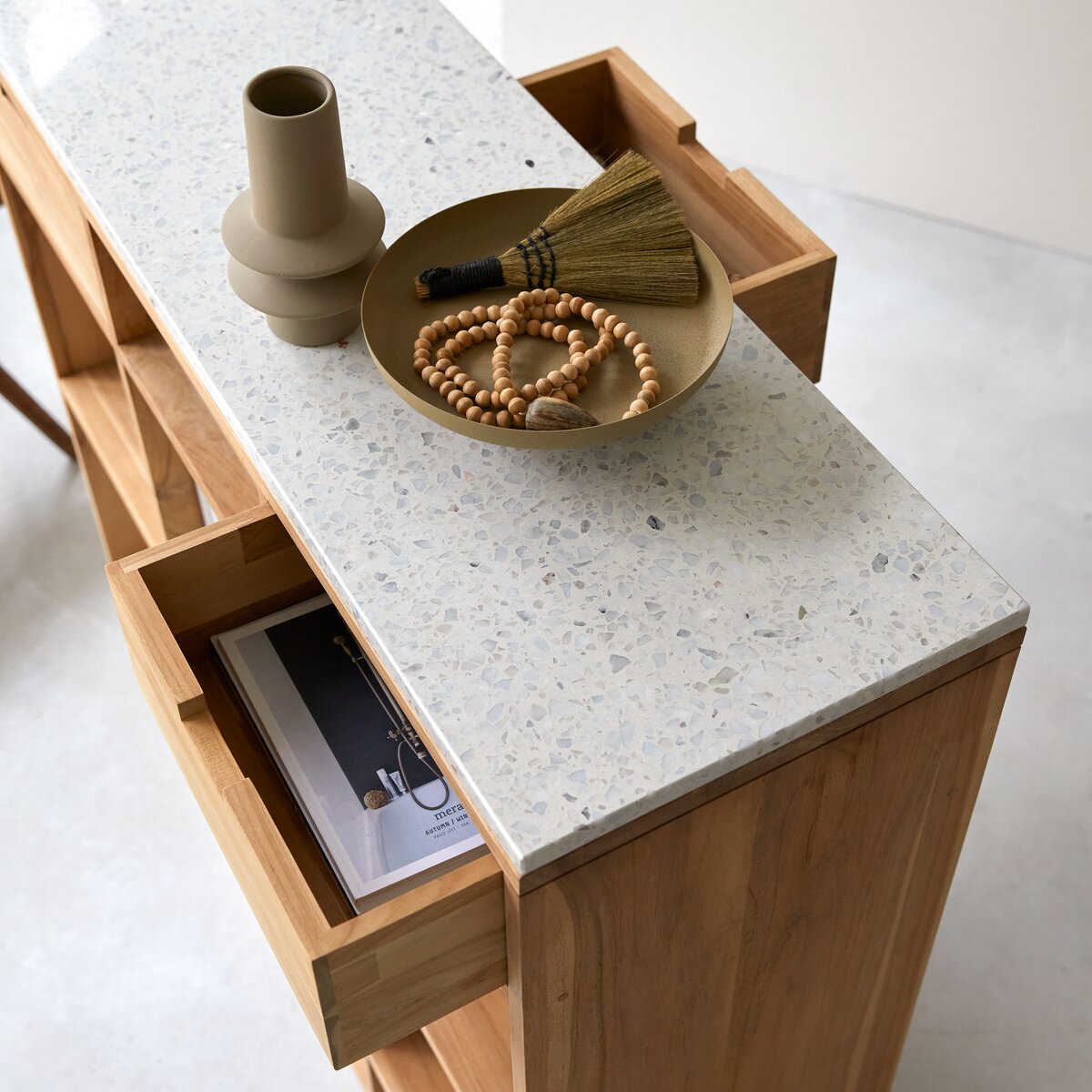 Miho - White solid teak and premium terrazzo console table Miho - White solid teak and premium terrazzo console table