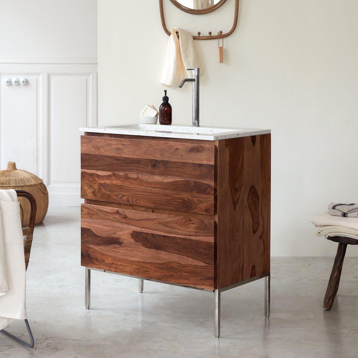 Nova - Mueble de baño de palisandro macizo y terrazo premium Moon 80 Nova - Mueble de baño de palisandro macizo y terrazo premium Moon 80