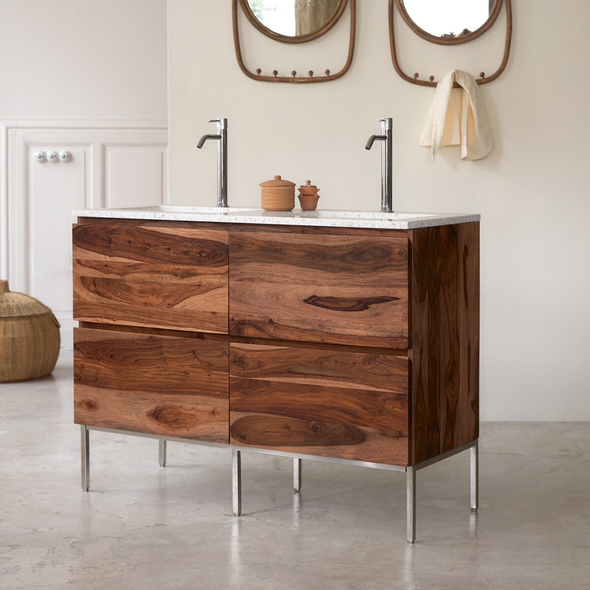 Nova - Meuble Salle de Bain en palissandre massif et terrazzo premium Moon 120 Nova - Meuble Salle de Bain en palissandre massif et terrazzo premium Moon 120