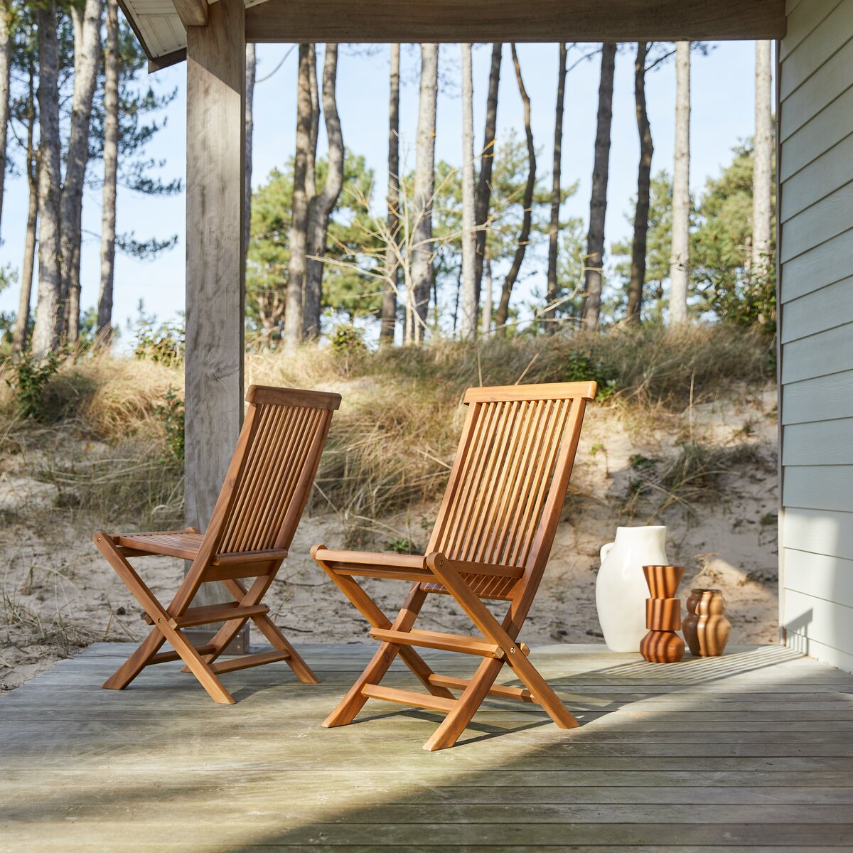 Chaise pliante d'extérieur en tissu gris et bois JARDIN