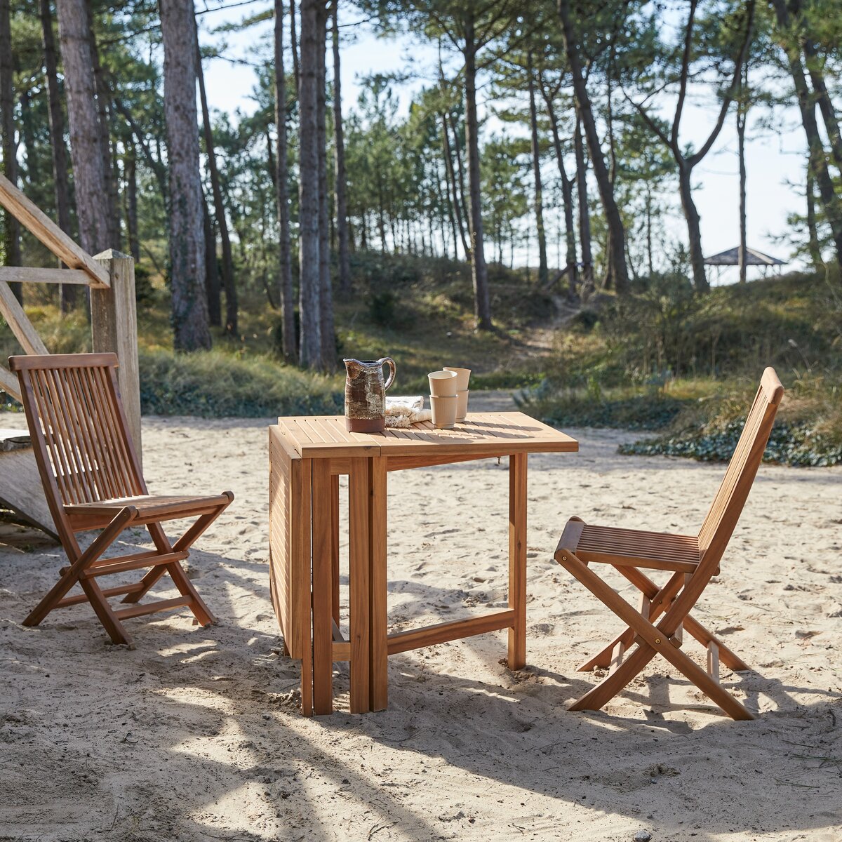 Acacia folding table and shop chairs