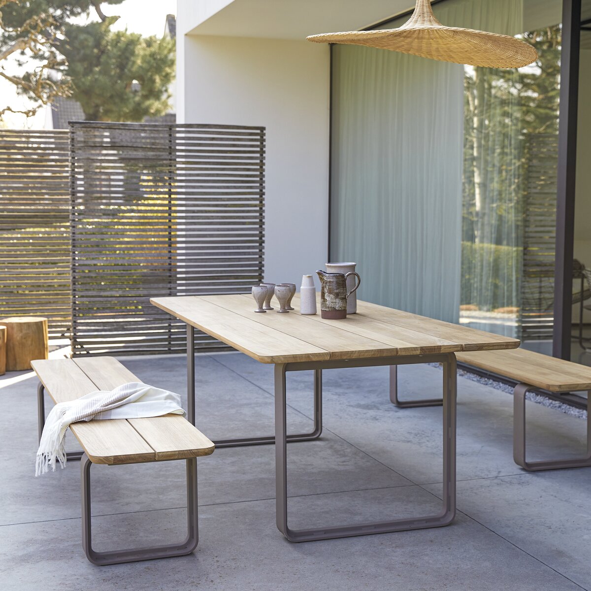 Outdoor dining deals furniture with bench