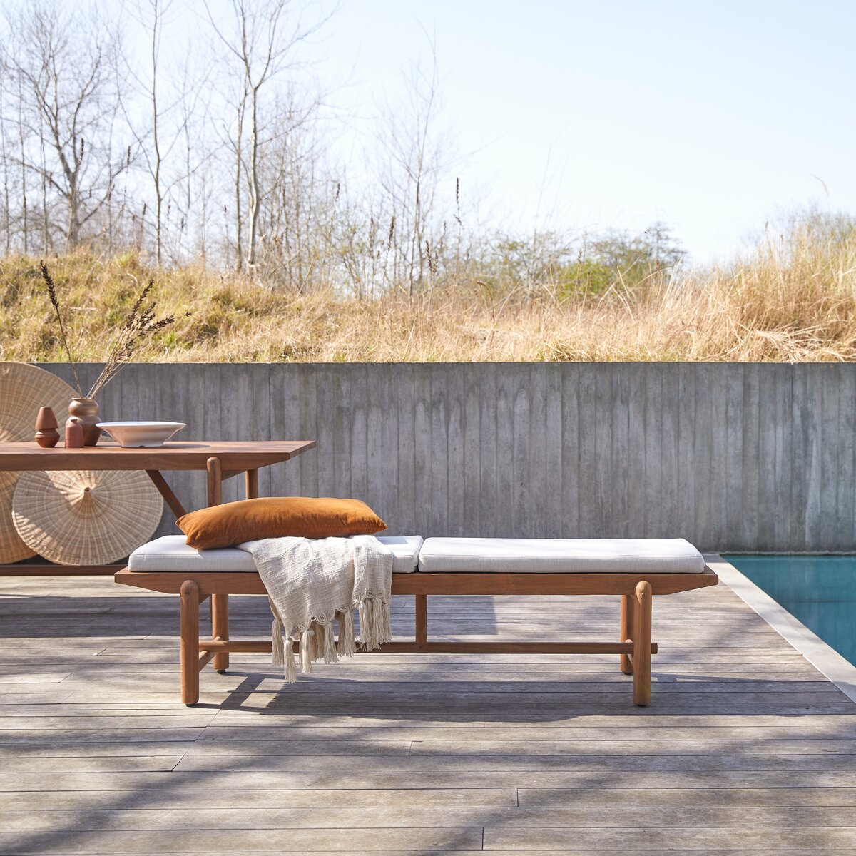 Banc de jardin en teck et tissu - Assise 3 places extérieur - Tikamoon