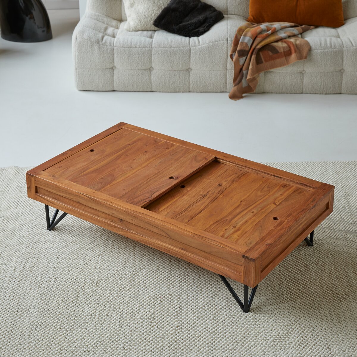 Acacia wood coffee table with outlet storage