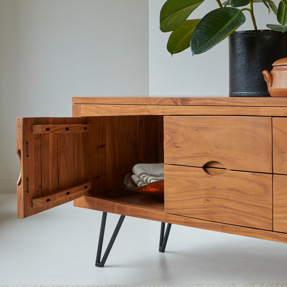 Acacia wood outlet media console