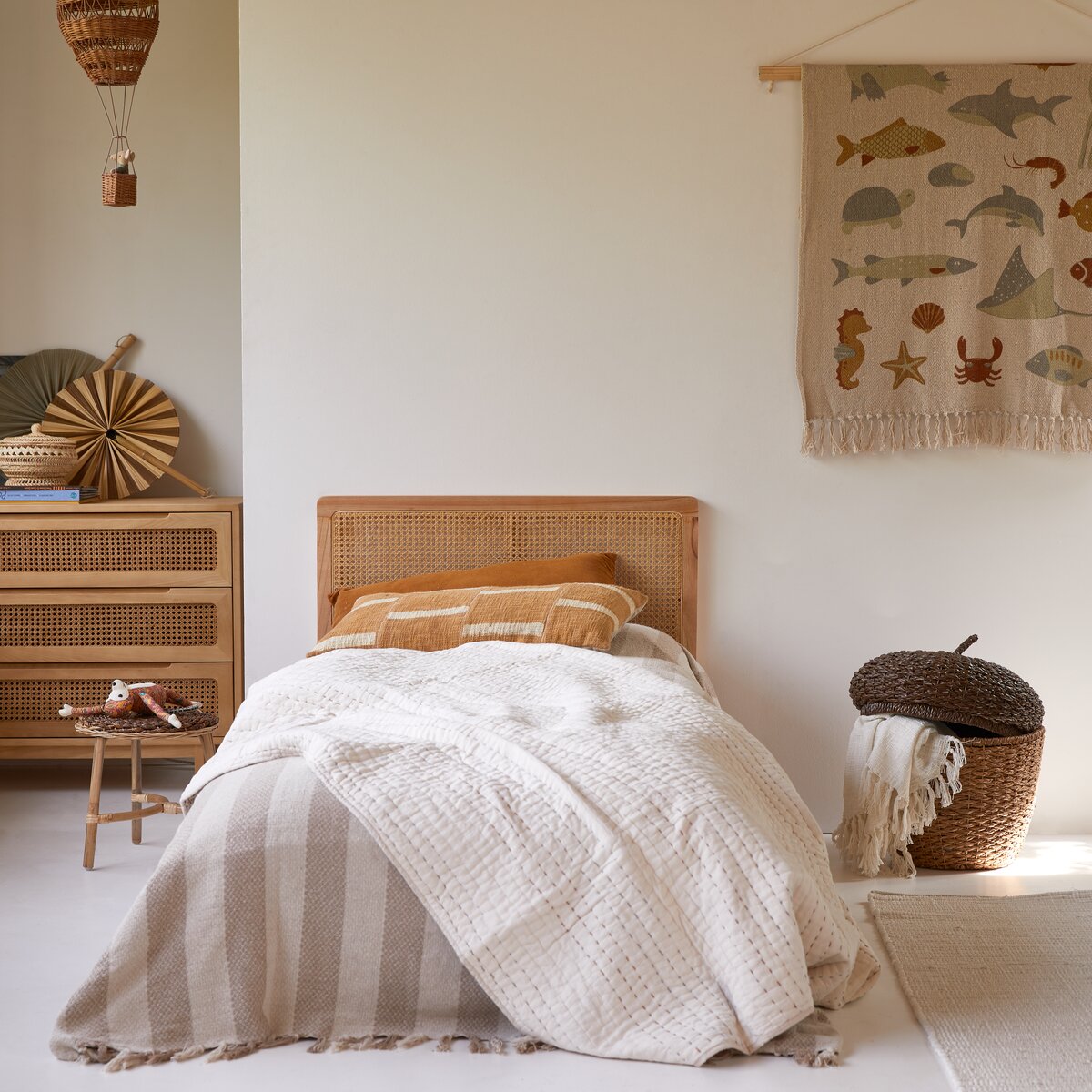 Testata letto 160 cm in legno naturale e rattan - Nilde