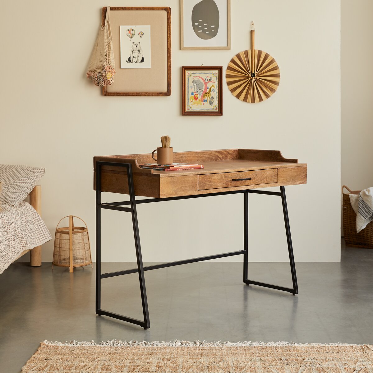 Wood and metal desk with deals shelves