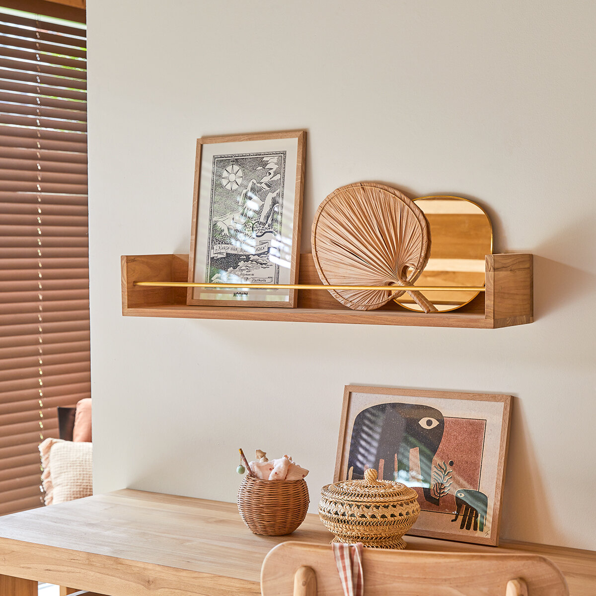 Teak wood shop wall shelf