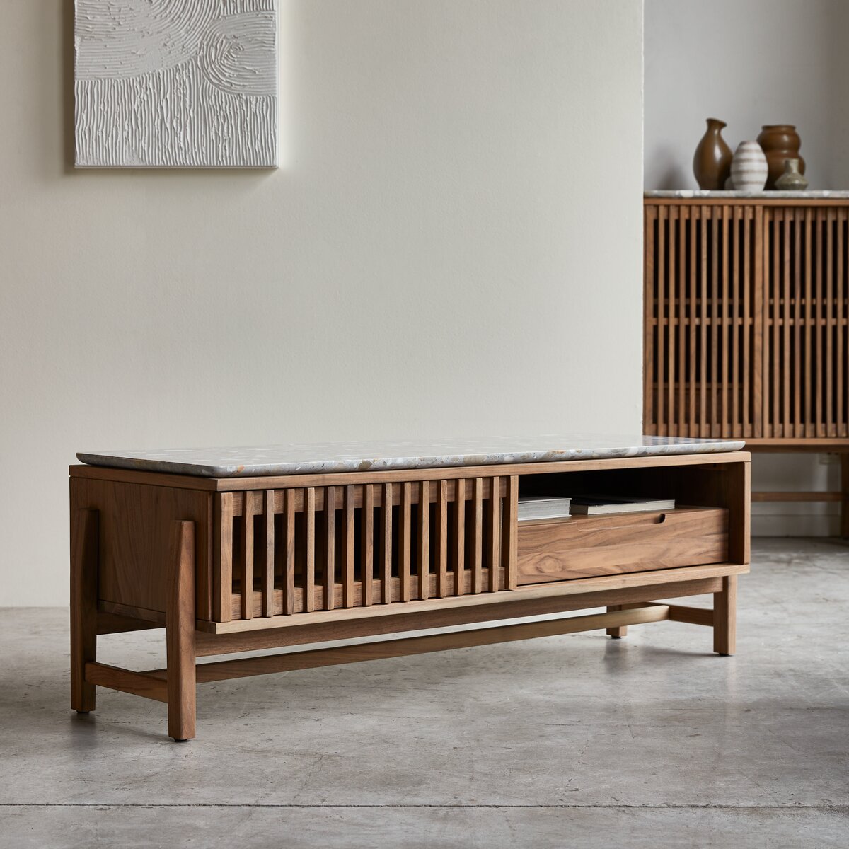 Isaure - Solid walnut and premium terrazzo TV stand 140 cm Isaure - Solid walnut and premium terrazzo TV stand 140 cm