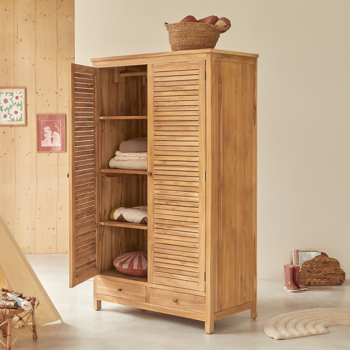 Armoire enfant en orme et cannage 160 cm - Rangements de chambre - Tikamoon