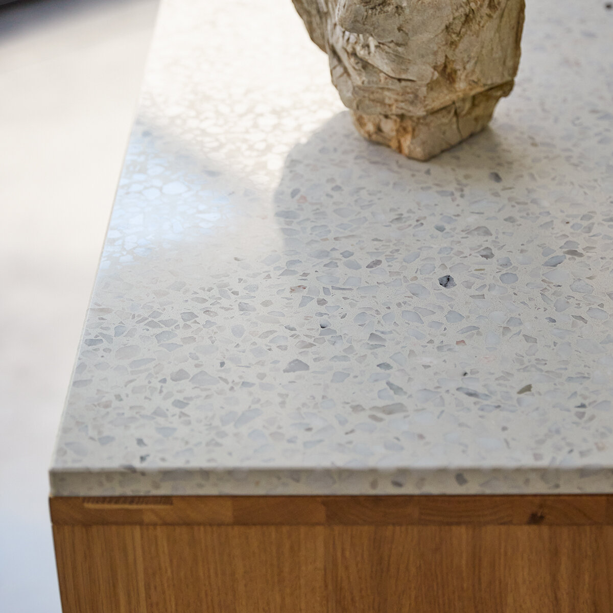 Miho - White solid oak and premium terrazzo console table Miho - White solid oak and premium terrazzo console table