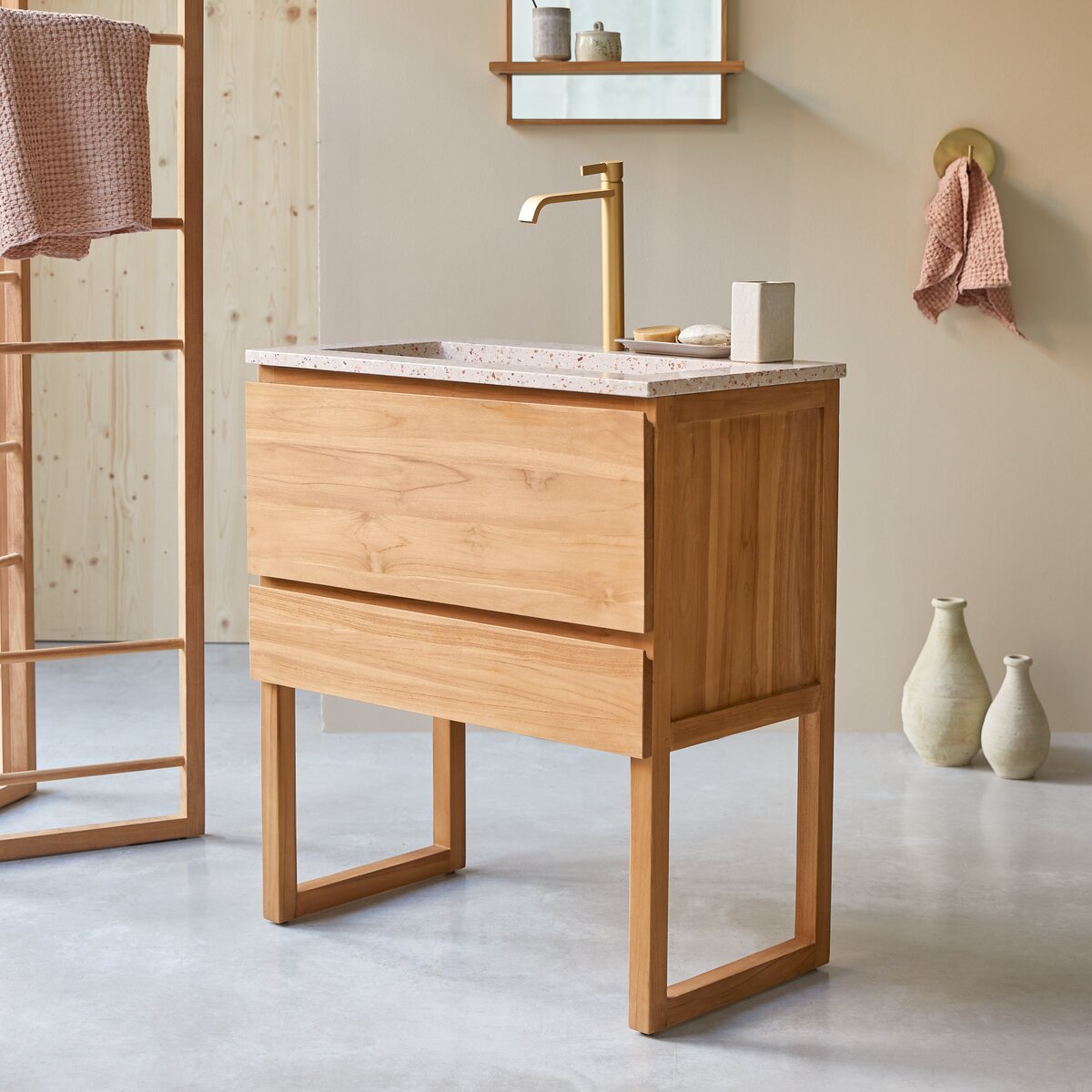 Edgar - Mobile per il bagno in teak massello e terrazzo premium Pink 80 cm Edgar - Mobile per il bagno in teak massello e terrazzo premium Pink 80 cm