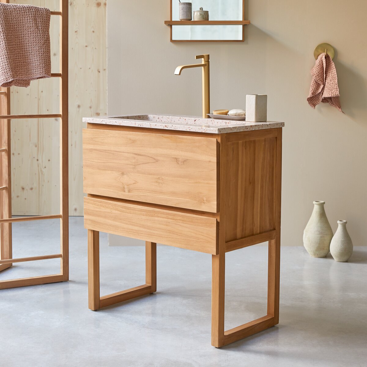 Teak vanity unit with pink premium terrazzo basin 80 cm - Bathroom ...