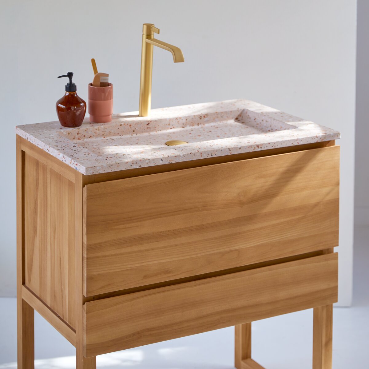 Edgar - Pink 80 cm solid teak and premium terrazzo vanity unit Edgar - Pink 80 cm solid teak and premium terrazzo vanity unit