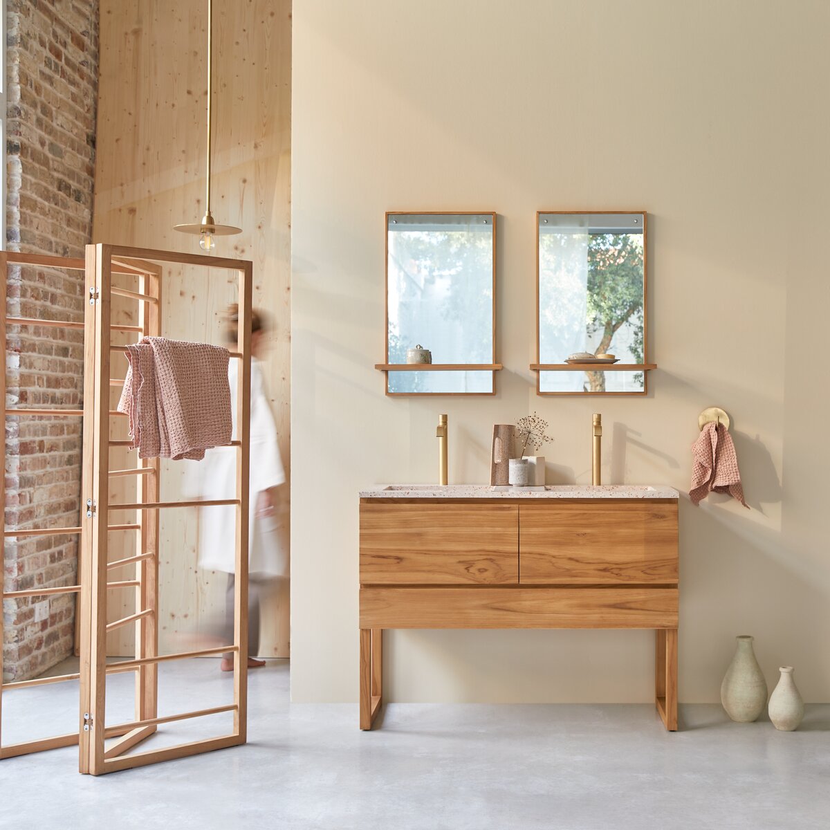 Edgar - Mueble de baño de teca maciza y terrazo rosa de alta calidad 120 cm Edgar - Mueble de baño de teca maciza y terrazo rosa de alta calidad 120 cm