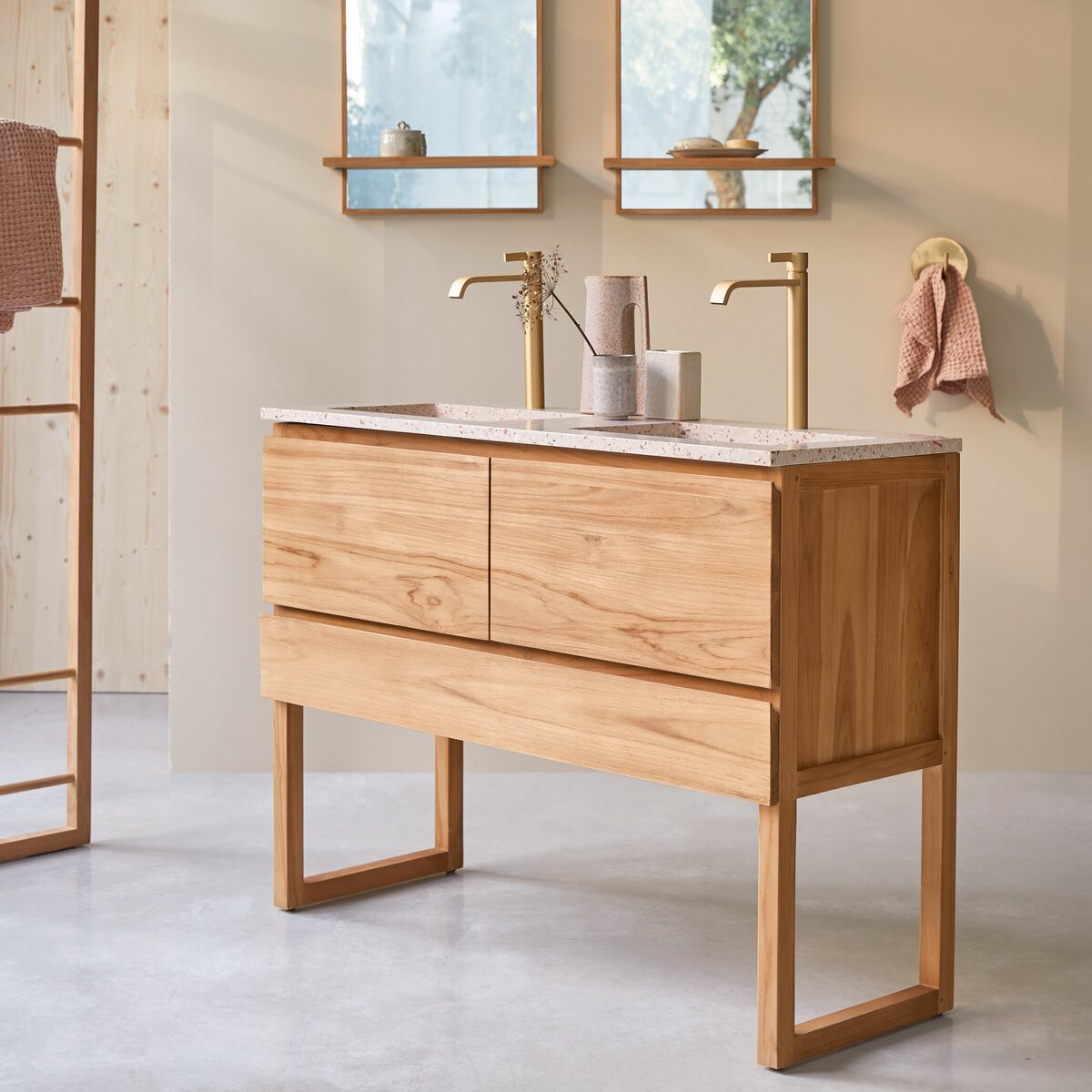 Edgar - Mueble de baño de teca maciza y terrazo rosa de alta calidad 120 cm Edgar - Mueble de baño de teca maciza y terrazo rosa de alta calidad 120 cm