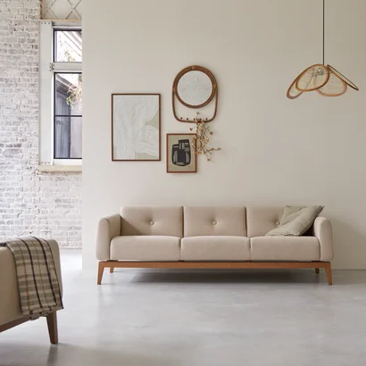 Bjorn - 3-Sitzer-Sofa mit massivem Eichenholzgestell und ecrufarbenem Stoffbezug