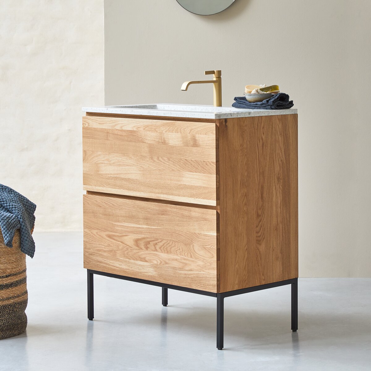 Nova - Meuble salle de bain en chêne massif et terrazzo premium Moon 80 cm Nova - Meuble salle de bain en chêne massif et terrazzo premium Moon 80 cm