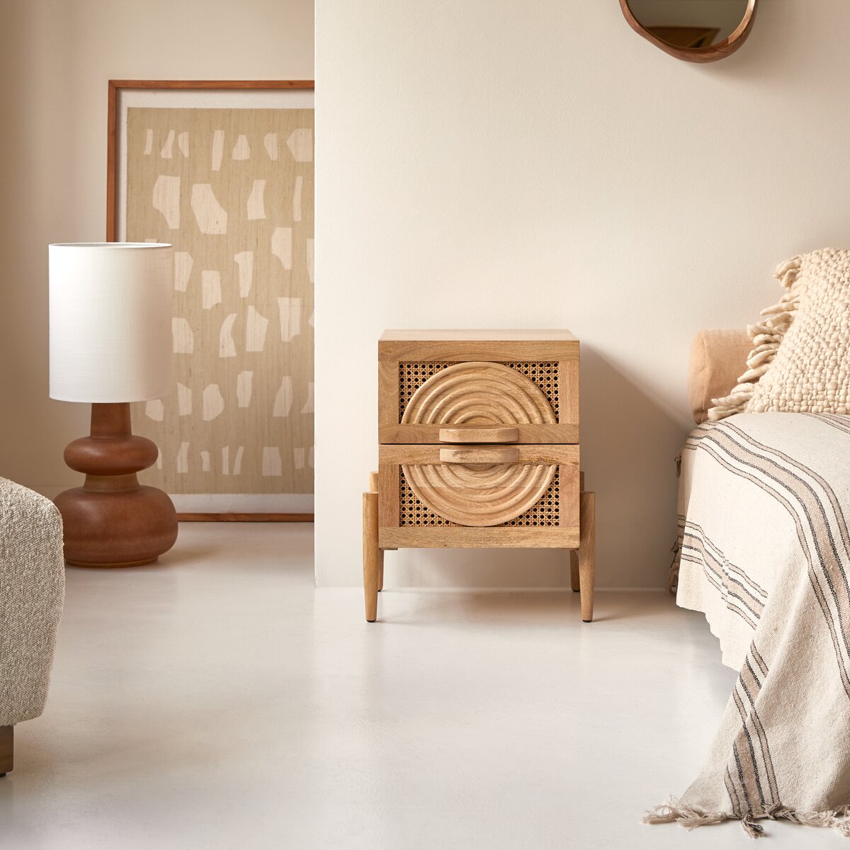 Wood and outlet rattan nightstand