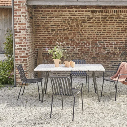 Elio - Brown premium terrazzo and metal rectangular garden table, seats 4–6.