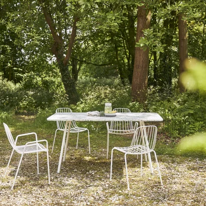 Elio - Green premium terrazzo and metal rectangular garden table, seats 4–6.