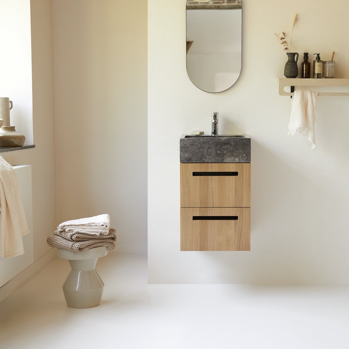 Line - Meuble salle de bain en chêne massif et marbre 40 cm