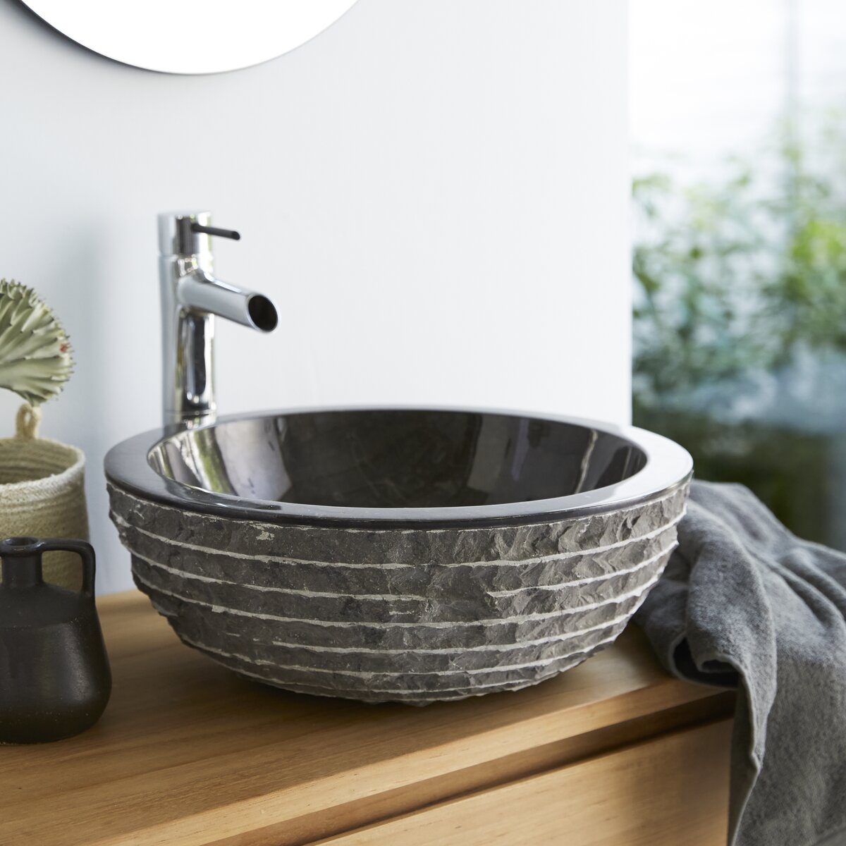 Lavabo d'appoggio in marmo nero o crema 40 cm con interno lucido ed esterno  bocciardato LAV53