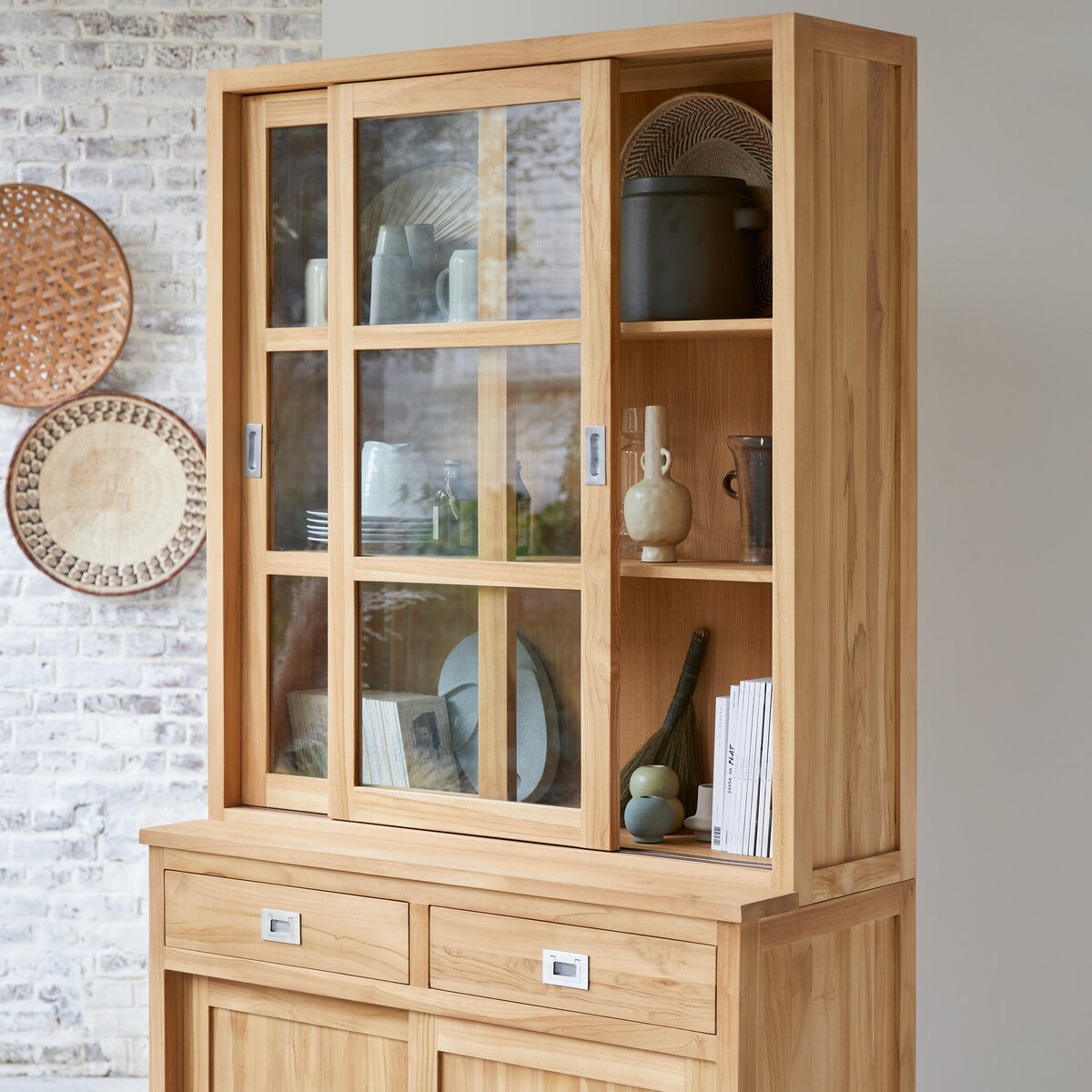 Vitrine bois avec 2 portes vitrées teck recyclé 95cm - Kayu Meuble